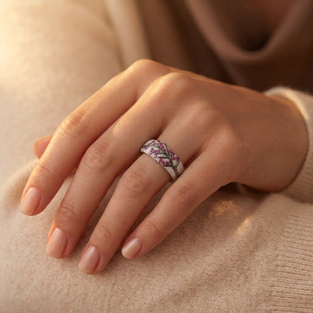 Anillo Árbol de Flor de Rubí | Oro Blanco