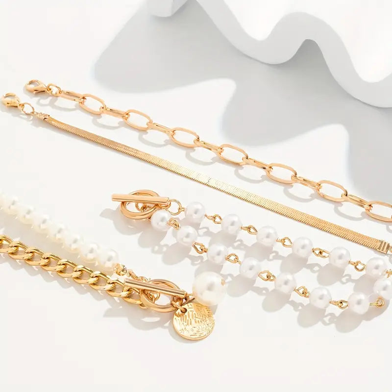 Conjunto de Pulseras Chic de 4 Piezas - Serpiente, Perlas y Enlaces | Oro