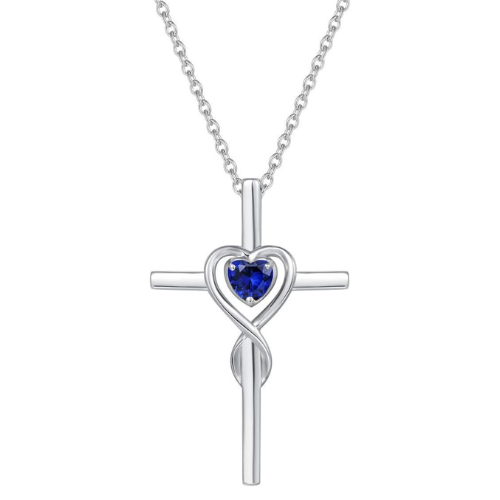 Collar de Cruz de Piedra Corazón de Zafiro | Oro Blanco