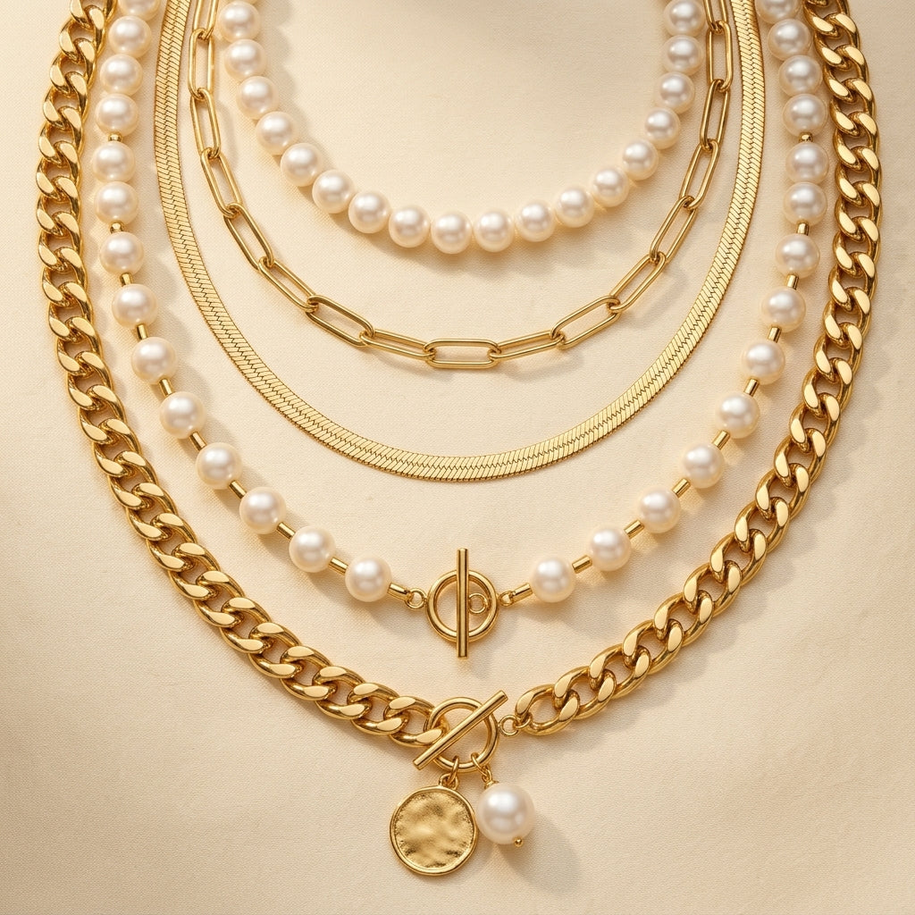 Conjunto de Collar de Cadena de Perlas y Oro Vintage | Oro