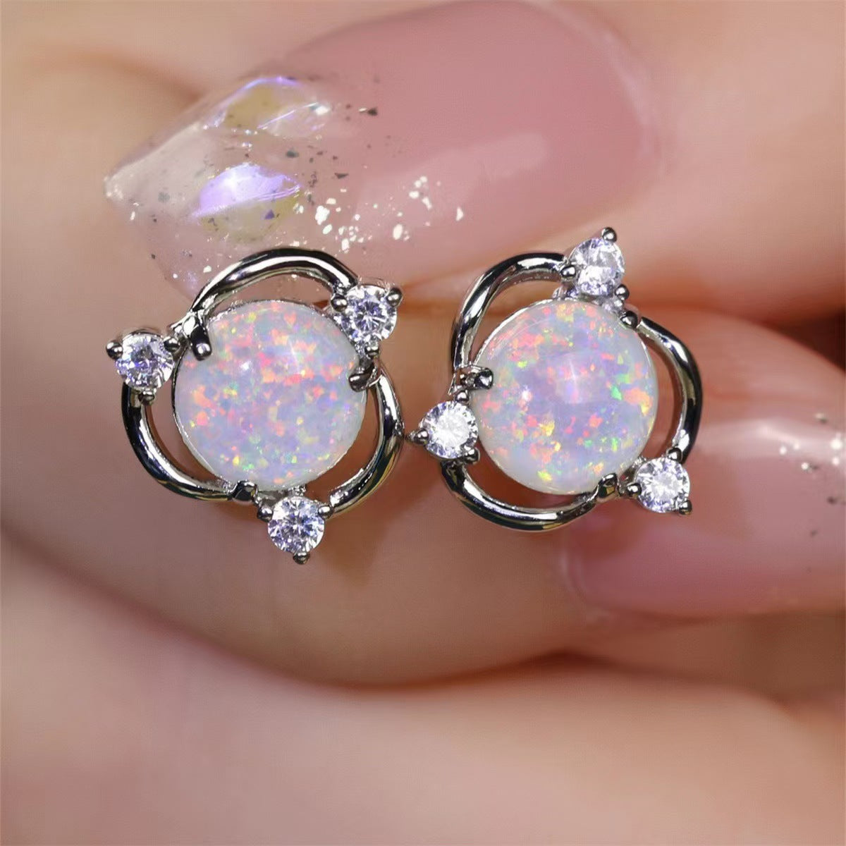 Pendientes de Stud Opal Trio Ø | Oro Blanco