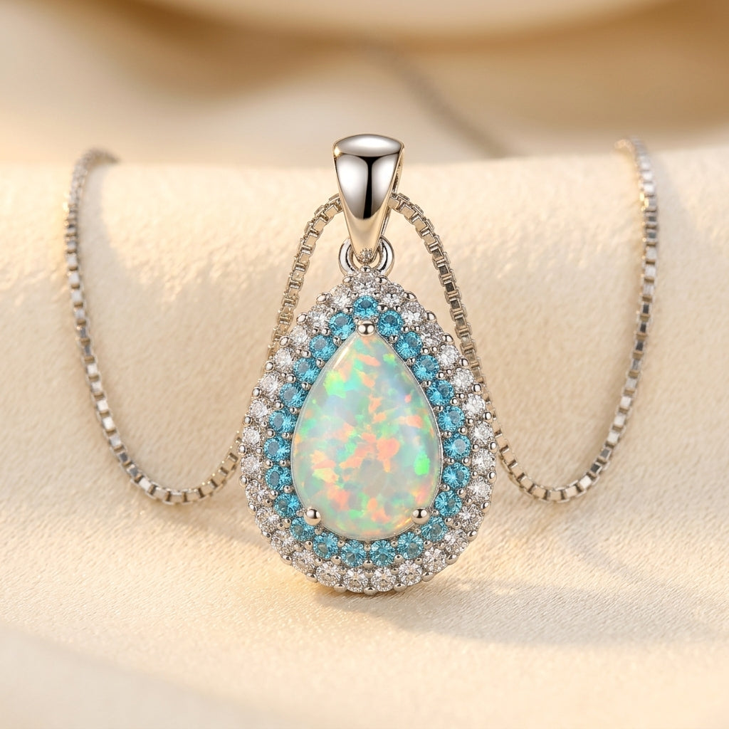 Collar Elegante de Ópalo Azul en Forma de Gota | Oro Blanco
