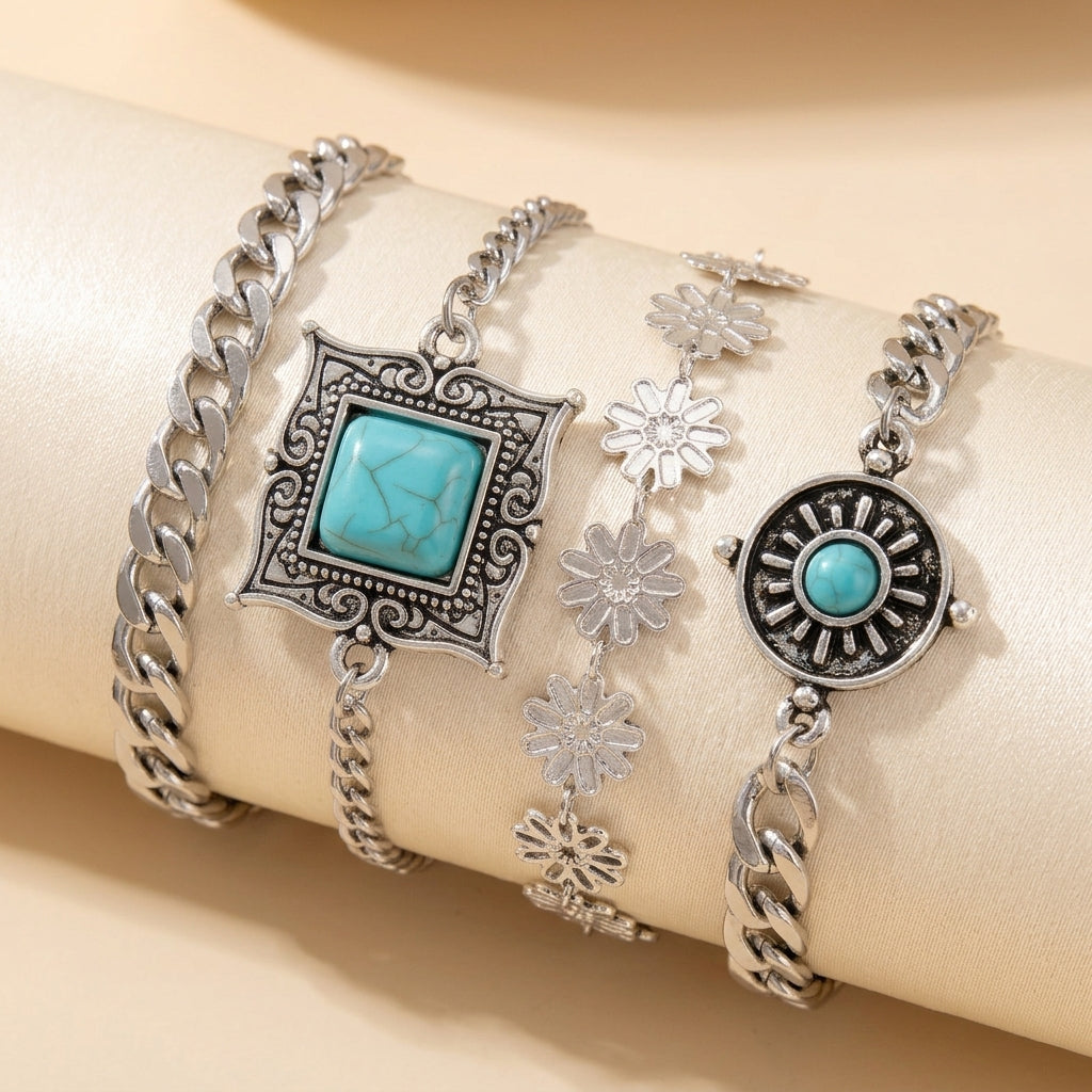 Conjunto de Pulseras de Piedra Celestial | Oro Blanco