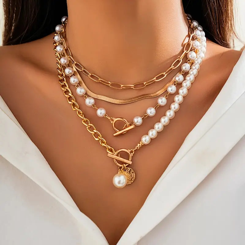 Conjunto de Collar de Cadena Vintage de Perlas y Oro | Oro
