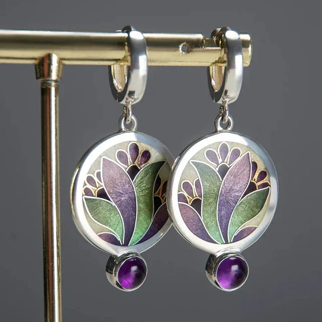 Pendientes Vintage Boho con Cristales Morados | Oro Blanco