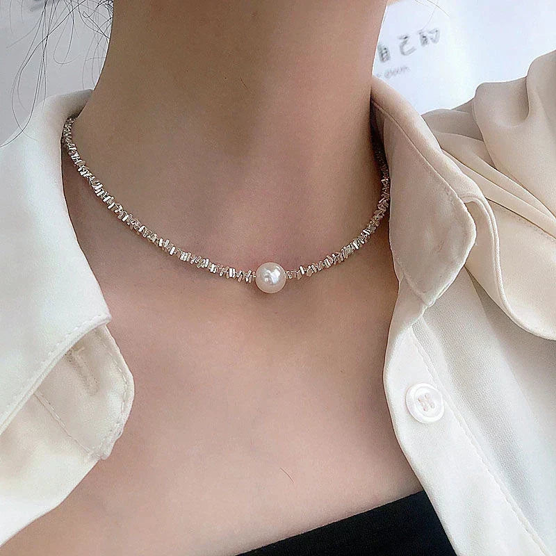 Collar de Perla Brillante | Oro Blanco