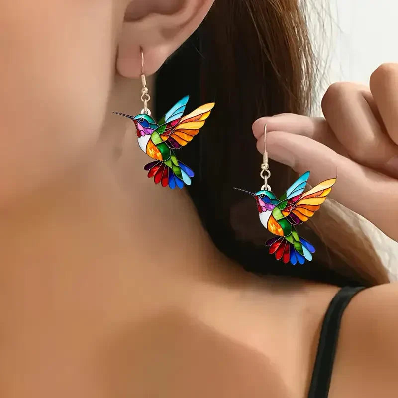 Pendientes de Colibrí Coloridos | Oro Blanco