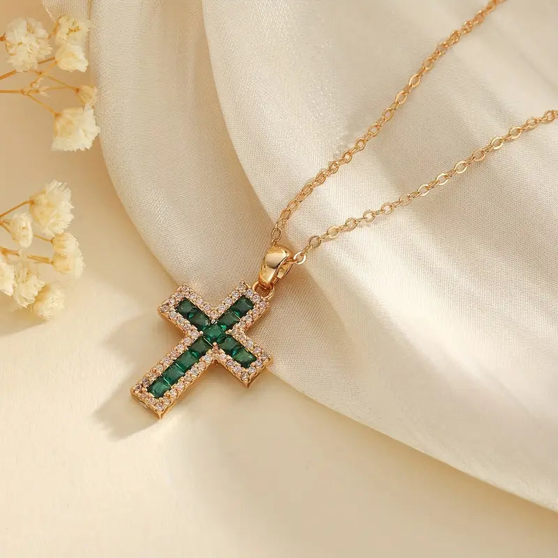 Collar con Colgante de Cruz Esmeralda Solene | Guld