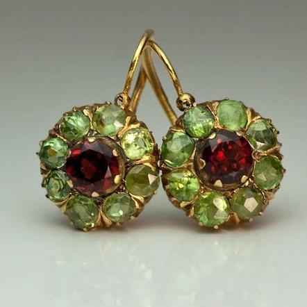 Pendientes Vintage Verde & Rojo de Cristal | Oro
