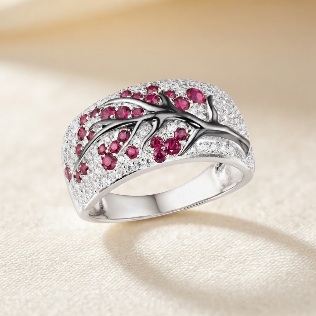 Anillo Árbol de Flor de Rubí | Oro Blanco