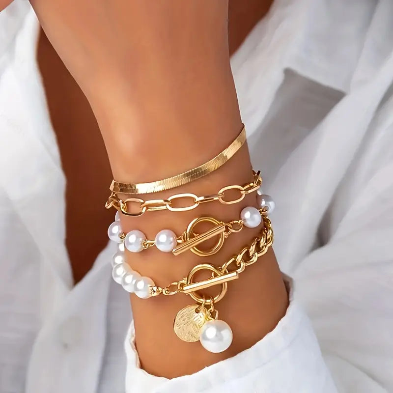 Conjunto de Pulseras Chic de 4 Piezas - Serpiente, Perlas y Enlaces | Oro