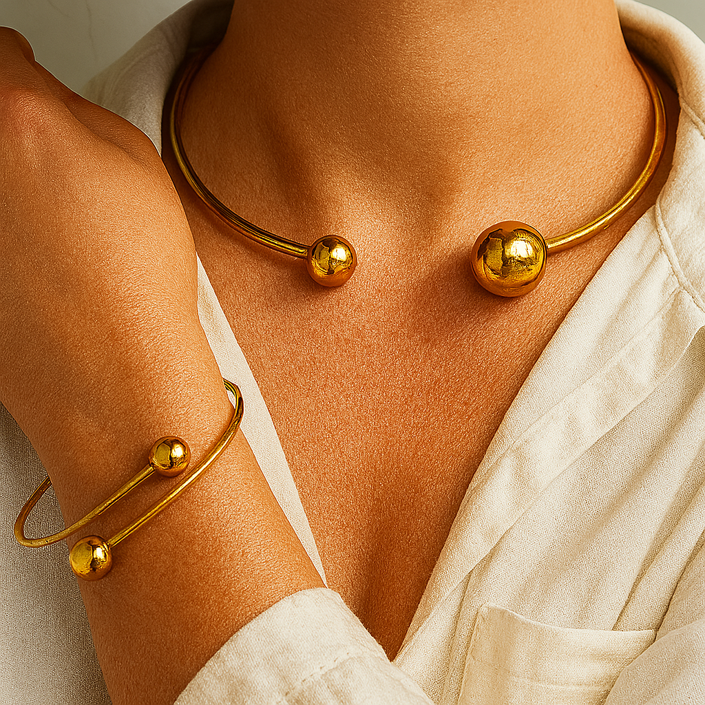 Conjunto de Pulsera de Cuello y Manga Minimalista Brillante | Oro