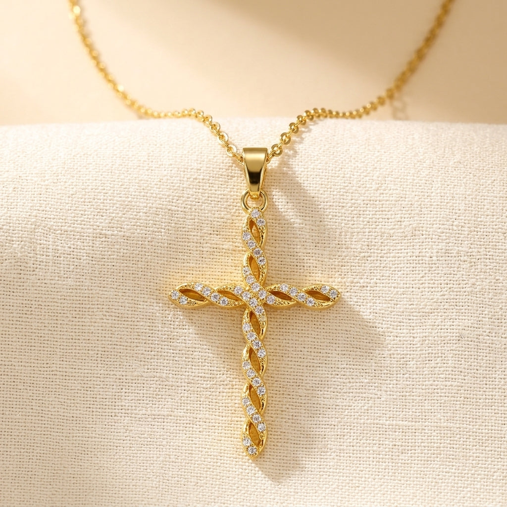 Collar Krystal Twist Cross | Oro
