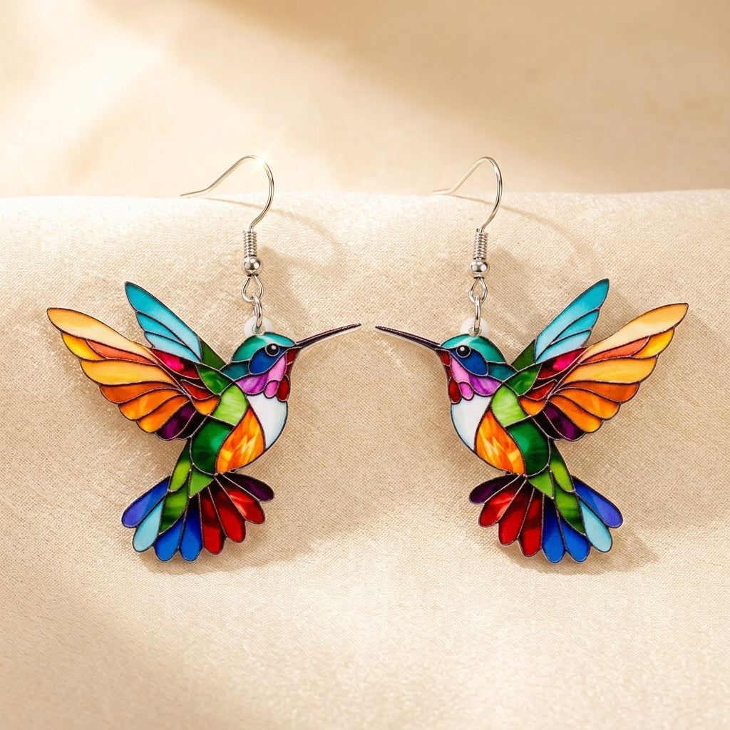 Pendientes de Colibrí Coloridos | Oro Blanco