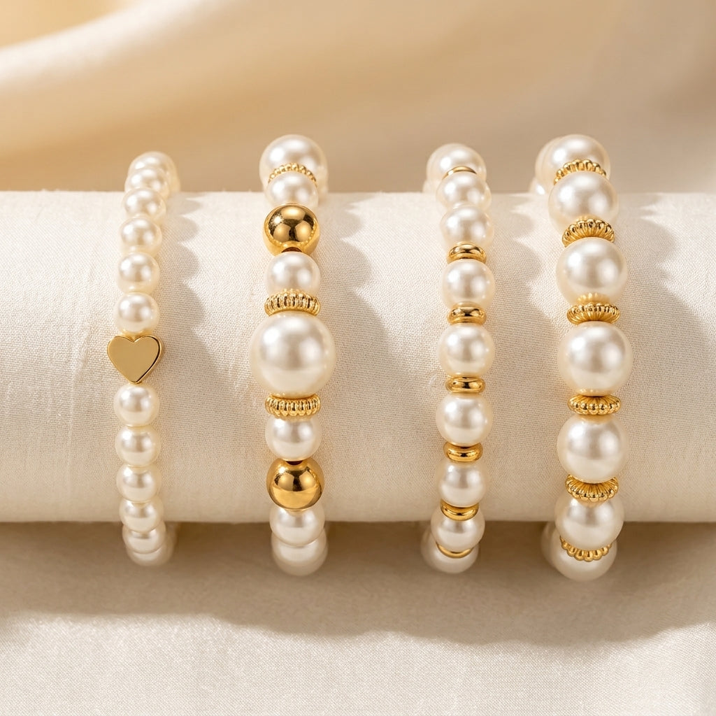 Conjunto de Pulseras de Perlas Elegidas | Oro