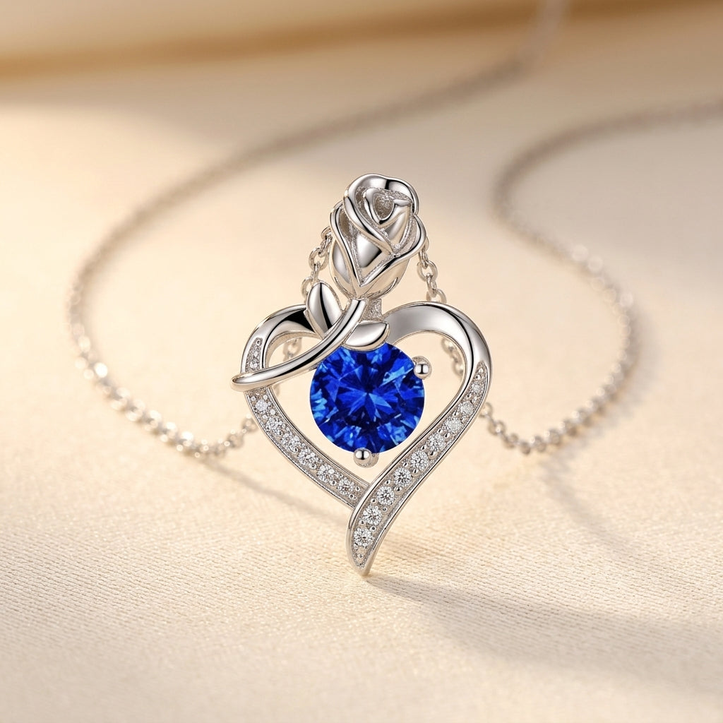 Collar de Corazón de Rosa Zafiro | Oro Blanco