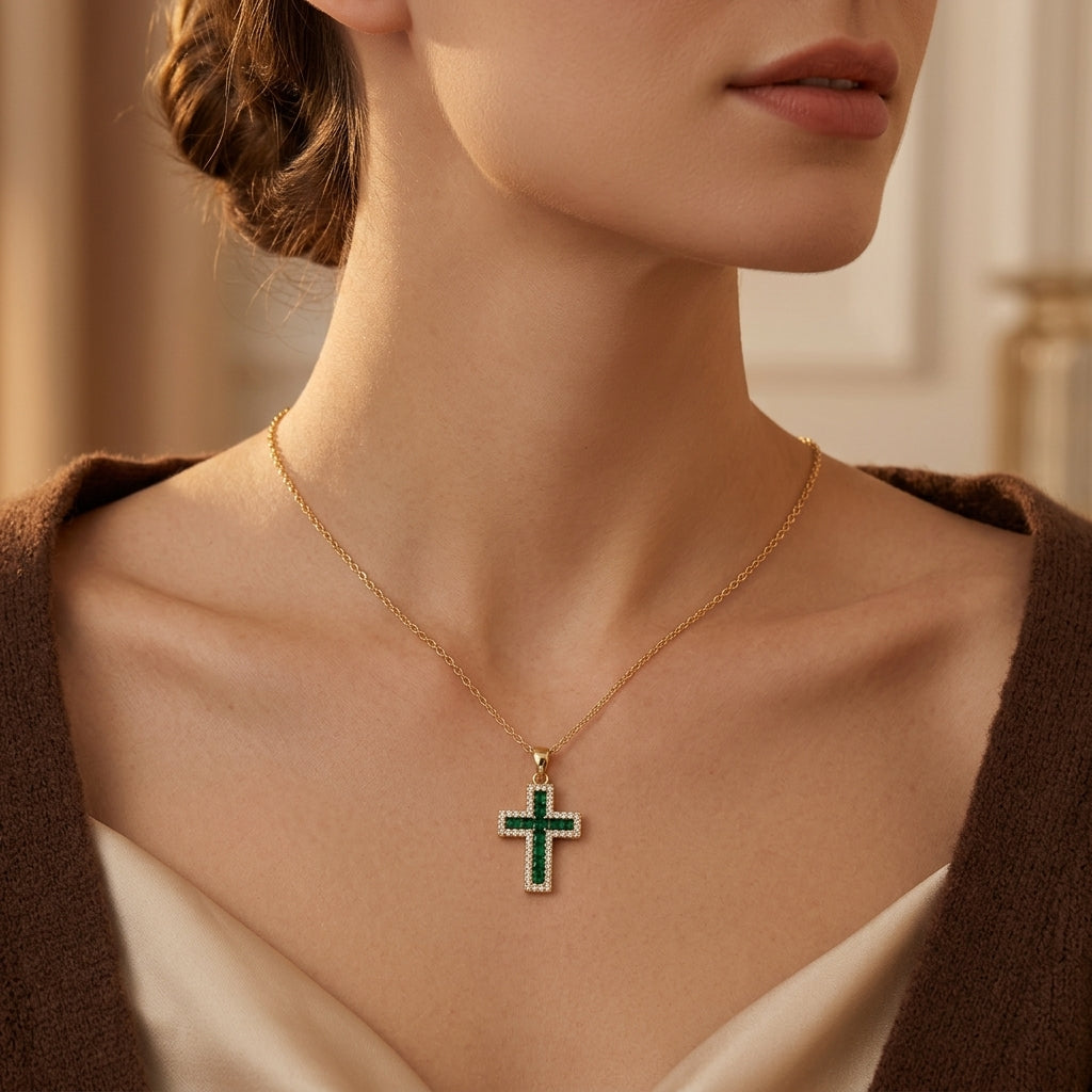 Collar con Colgante de Cruz de Esmeralda Solene | Guld