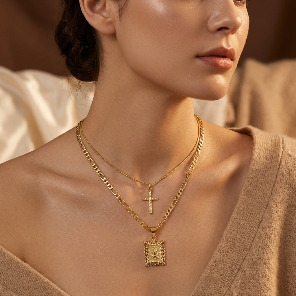 Conjunto de Collar con Inicial Kors | Oro