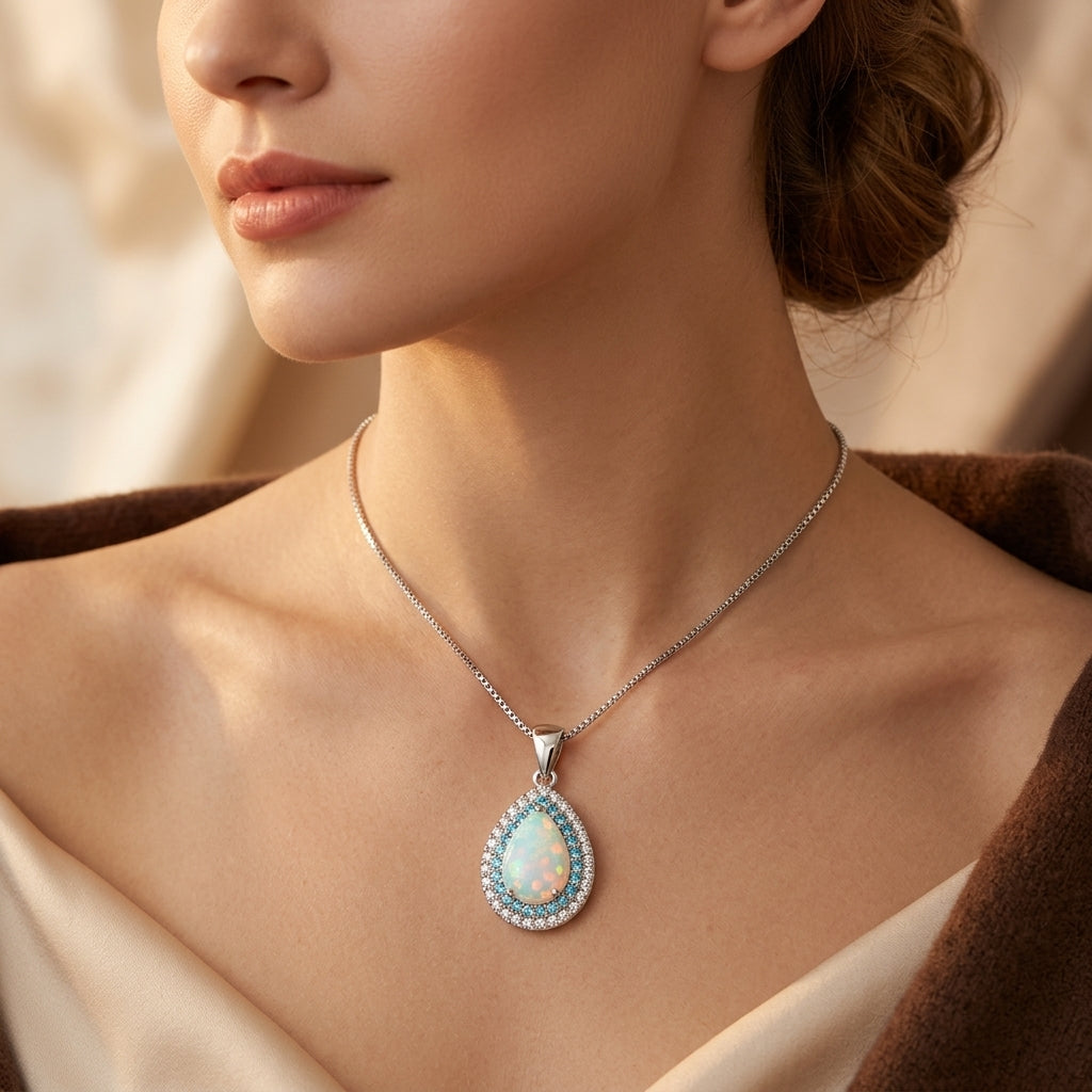 Collar Elegante de Ópalo Azul en Forma de Gota | Oro Blanco
