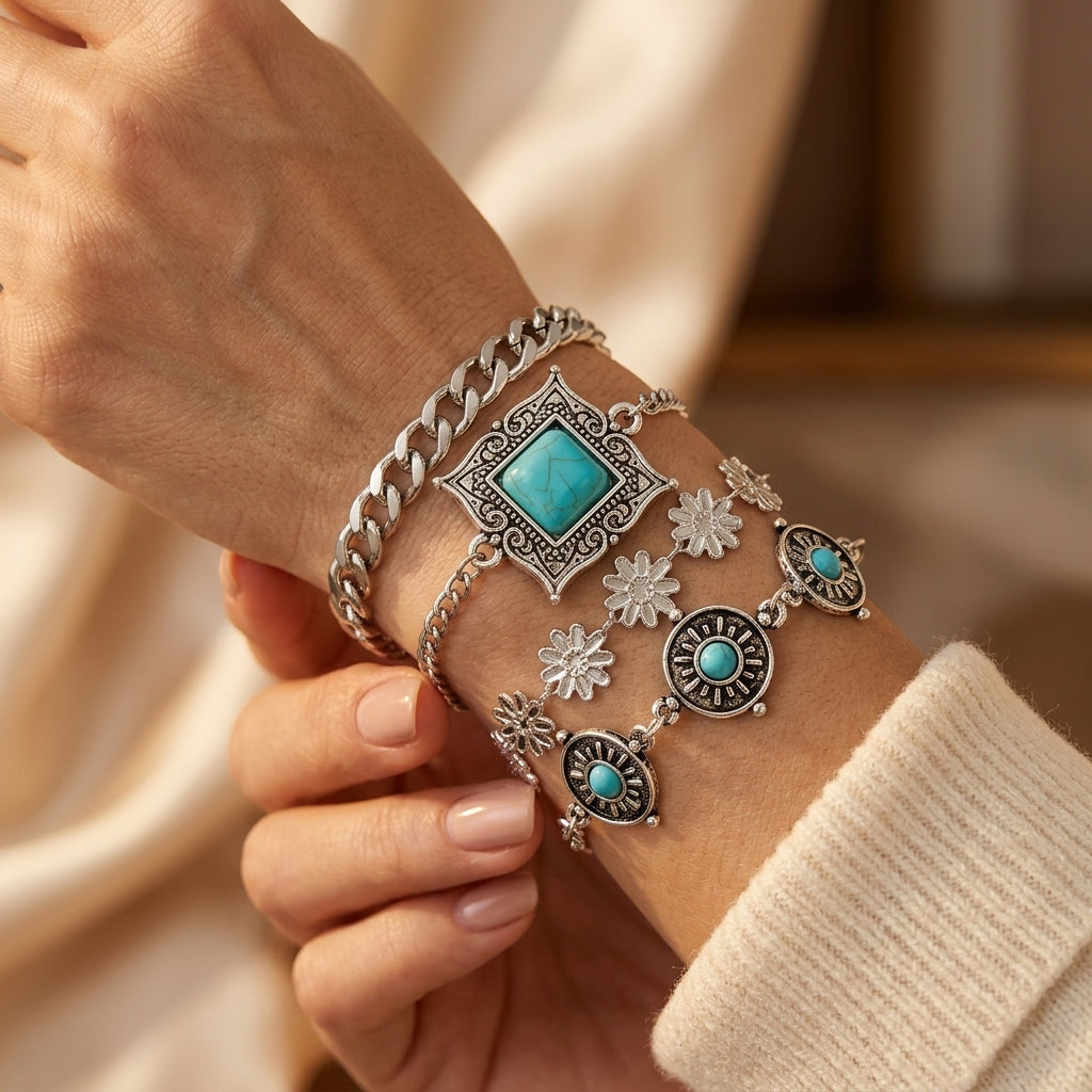Conjunto de Pulseras de Piedra Celestial | Oro Blanco