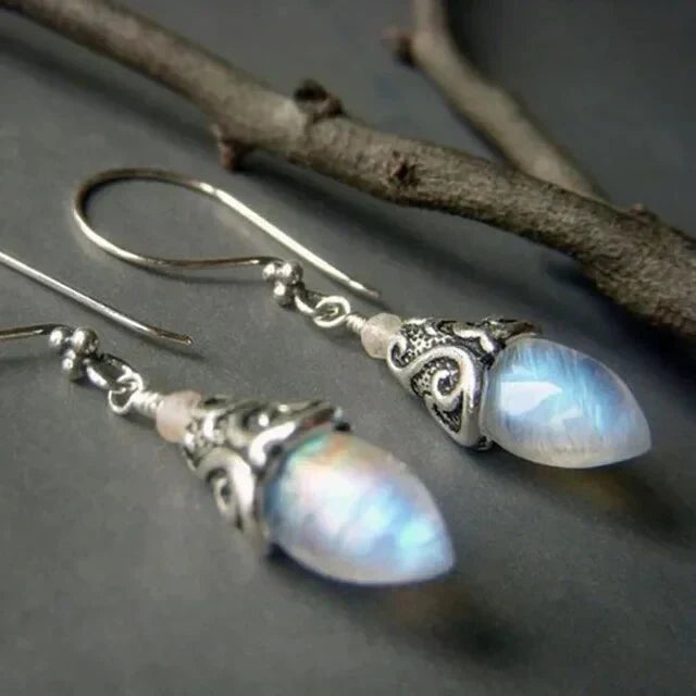 Pendientes de gota de piedra lunar antigua | Oro blanco