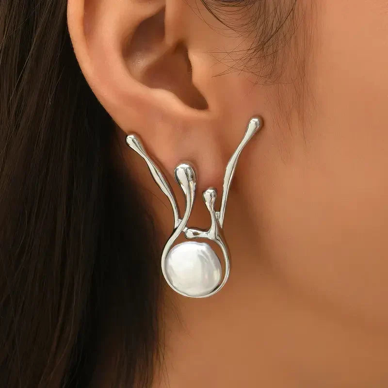 Pendientes de Perla de Plata Irregular Antiguos | Oro Blanco