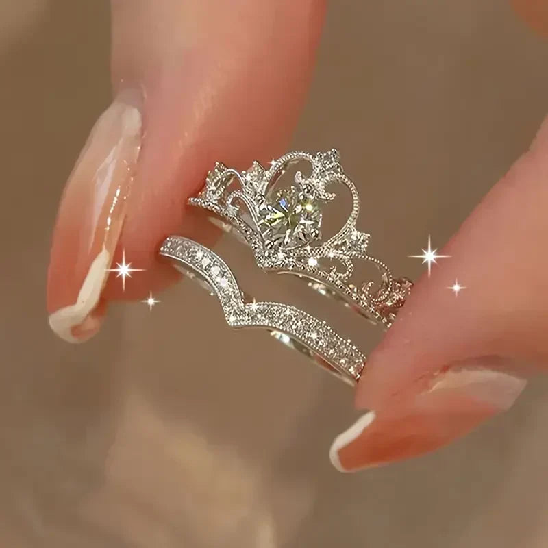 Conjunto de Anillos de Plata Brillante | Oro Blanco